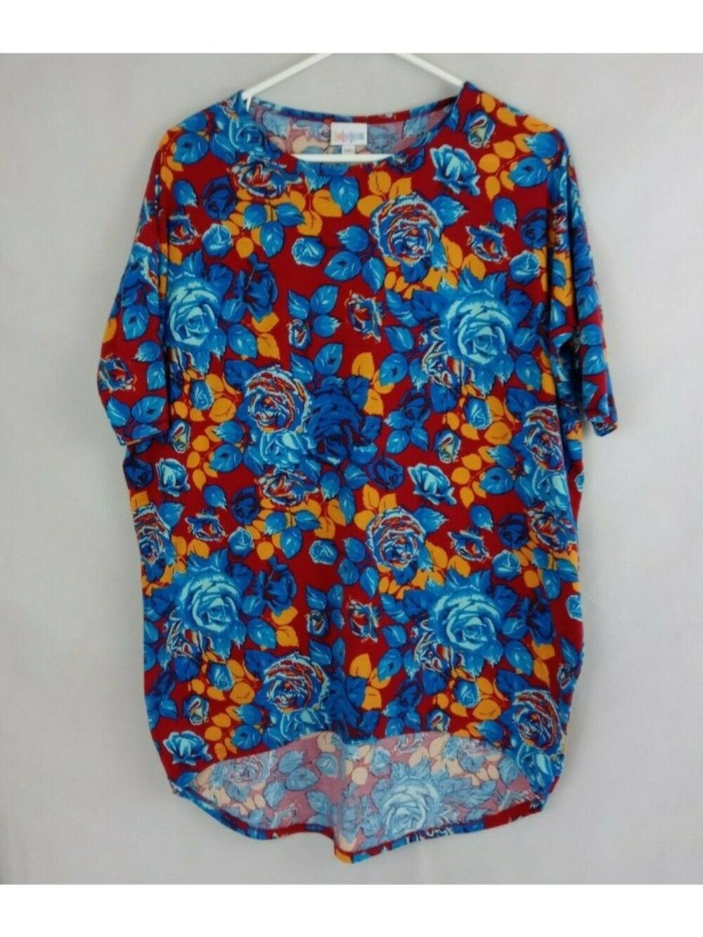 LuLaRoe Irma Tunic Red Shirt With Blue & Orange Floral Design Size XXS
